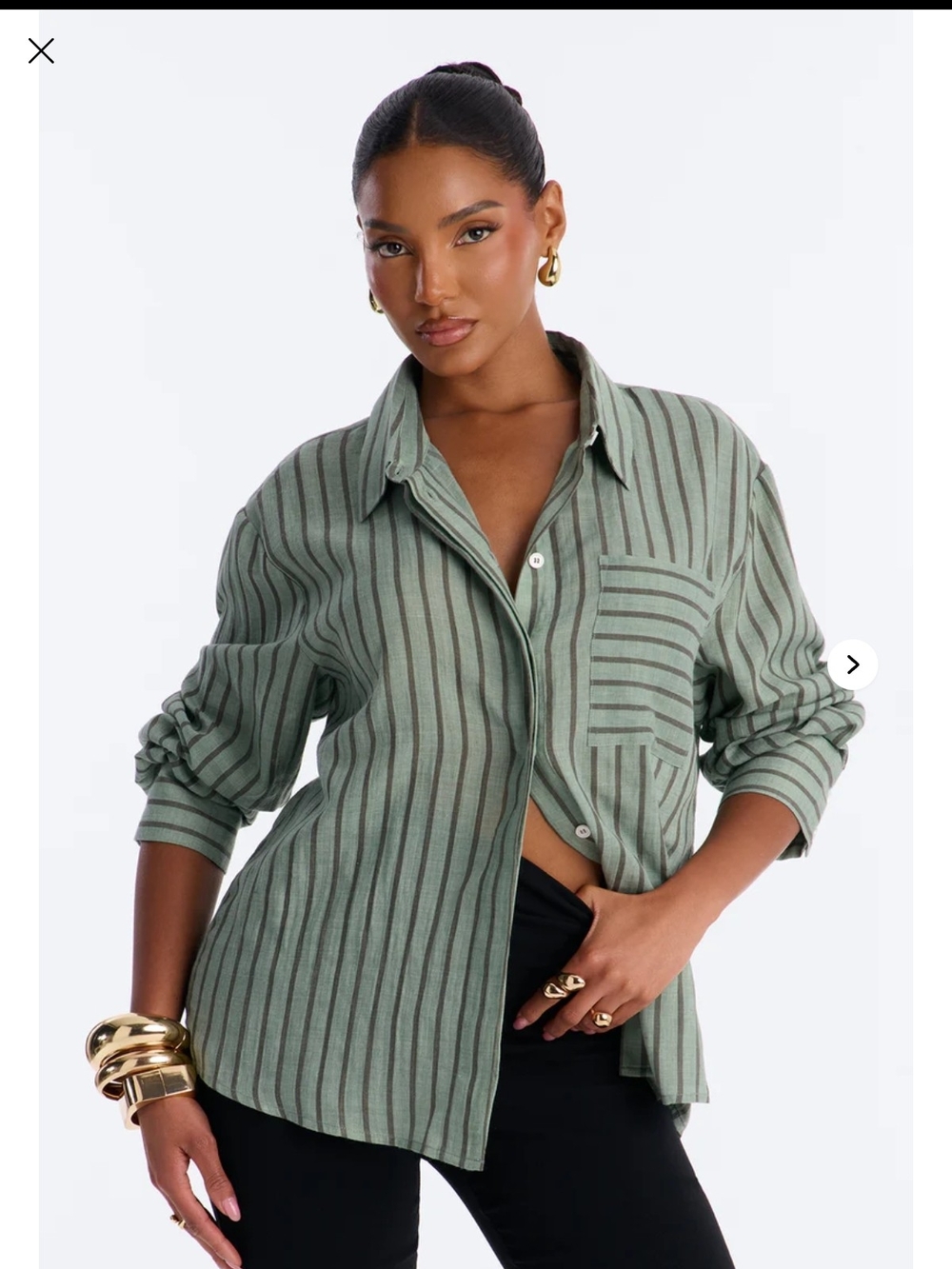 Fashion Nova Sage Green Striped Button-Down Shirt